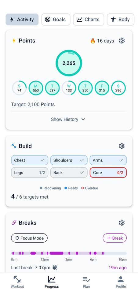 FitSum app screen showing weekly Activity Points, movement Breaks timeline and Build muscle-group goals