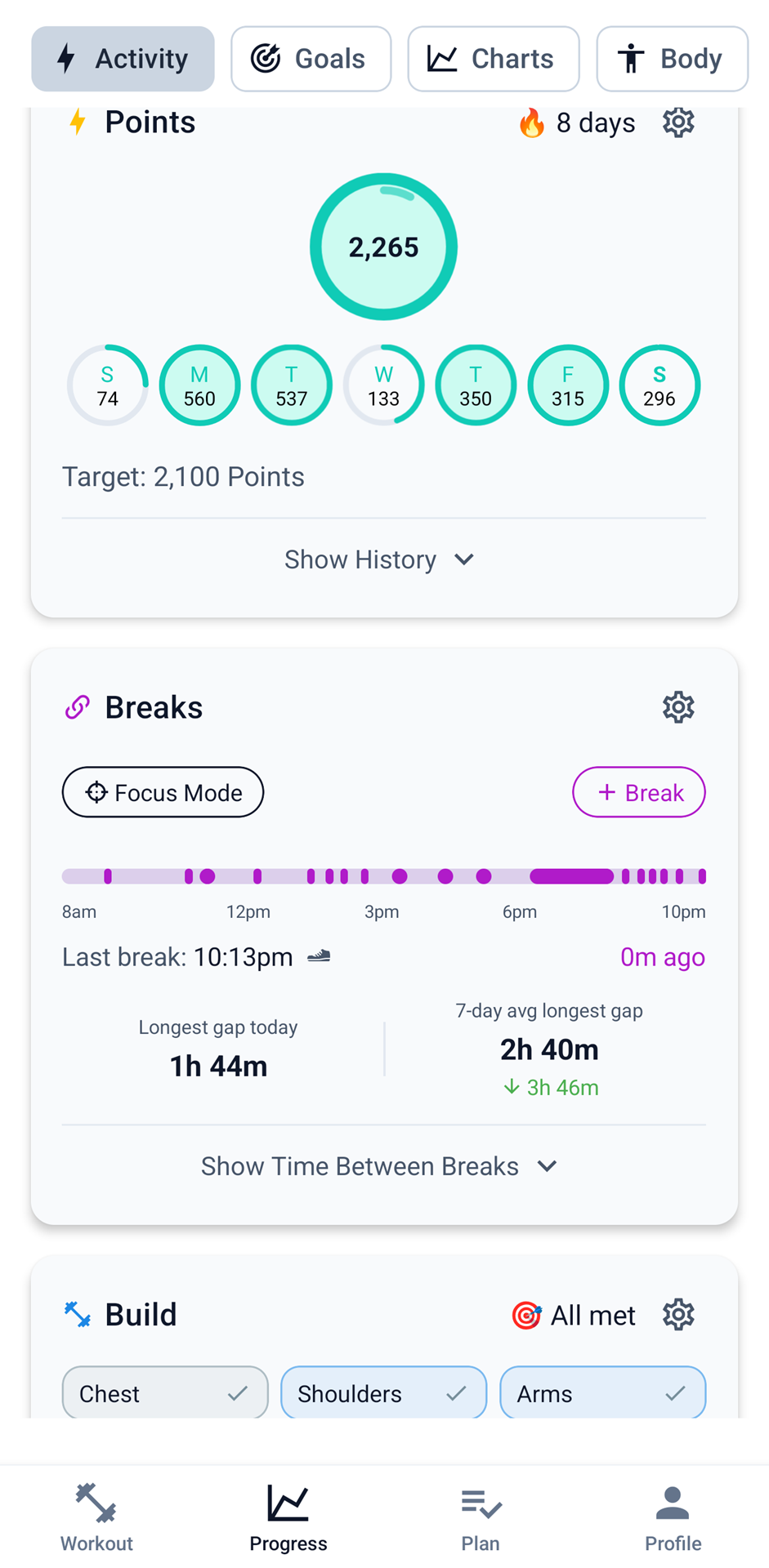 FitSum app screen showing weekly Activity Points, movement Breaks timeline and Build muscle-group goals