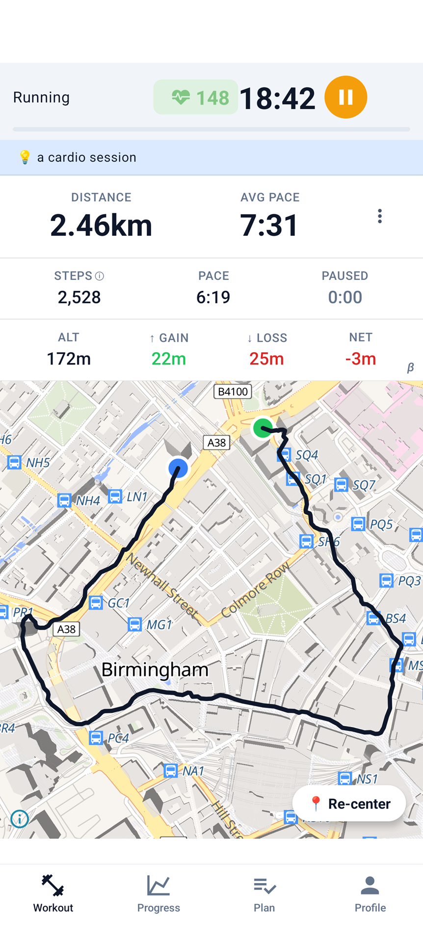 FitSum app screen showing a live running session with heart rate, pace, distance and route map