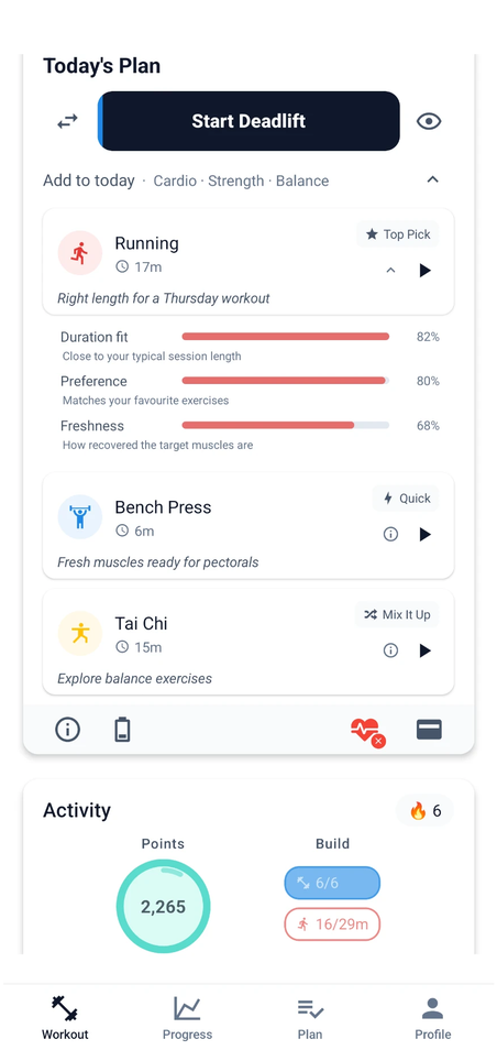 FitSum app screen showing today's plan with recommended workouts and the reasoning behind each suggestion